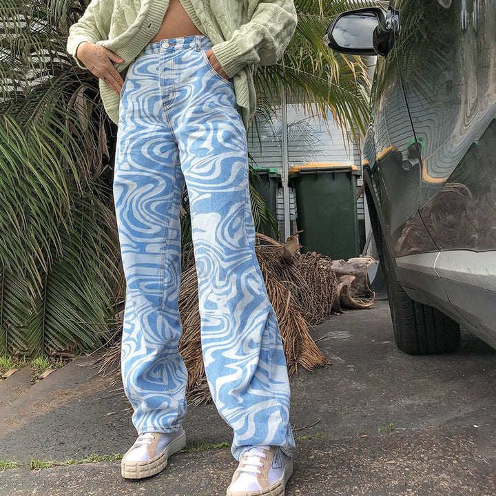 Cross Border AliExpress Spring And Summer New Female Blue Animal Pattern Loose Street Casual Straight Woven Pants - Blue Force Sports