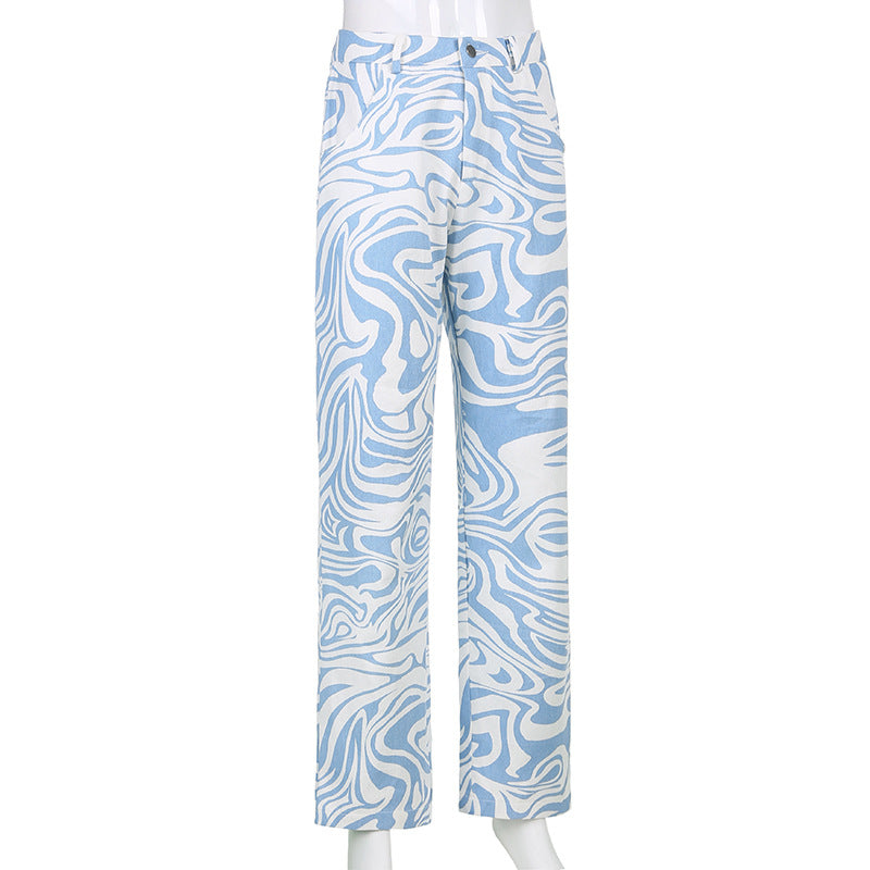 Cross Border AliExpress Spring And Summer New Female Blue Animal Pattern Loose Street Casual Straight Woven Pants - Blue Force Sports