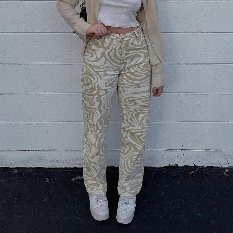 Cross Border AliExpress Spring And Summer New Female Blue Animal Pattern Loose Street Casual Straight Woven Pants - Blue Force Sports
