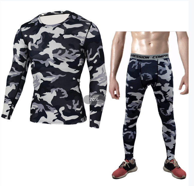 Camouflage Compression Baselayer Set Sports Compression Set Long Sleeve T-Shirt Tights Exercise Clothes Workout Bodysuit Fitness Suits For Men - Blue Force Sports