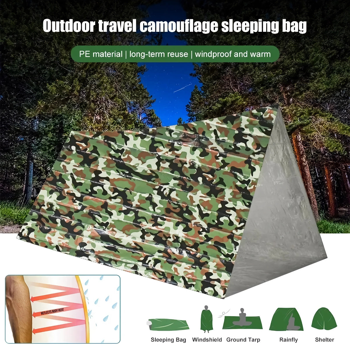 Camouflage PE Emergency Bivy Bag – 120 × 200 cm