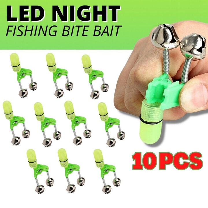 10x LED Night Fishing Bait Bite Alarm Twin 2 Bells Light Rod Tip Clip Alert Ring - Blue Force Sports