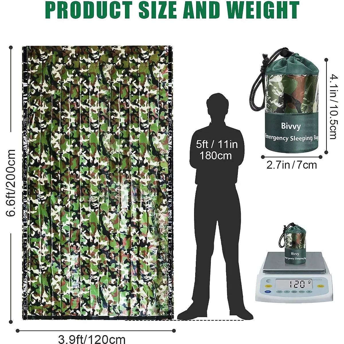 Camouflage PE Emergency Bivy Bag – 120 × 200 cm