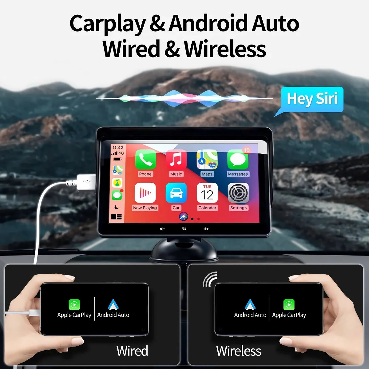 Universal 7" Touch Screen Multimedia Video Player with Wireless CarPlay & Android Auto