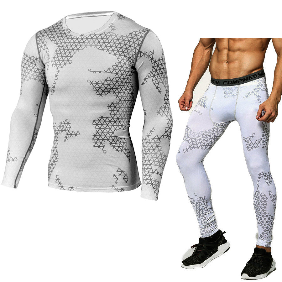 Camouflage Compression Baselayer Set Sports Compression Set Long Sleeve T-Shirt Tights Exercise Clothes Workout Bodysuit Fitness Suits For Men - Blue Force Sports