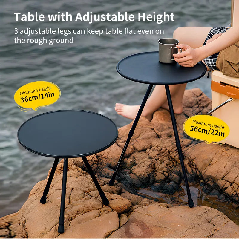 Mesa de camping redonda, ajustable, ultraligera y portátil con soporte de luz