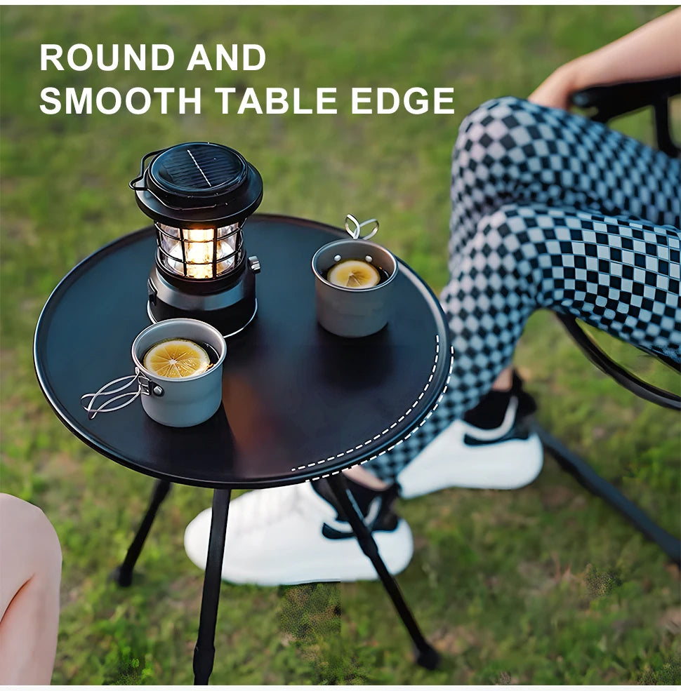 Mesa de camping redonda, ajustable, ultraligera y portátil con soporte de luz