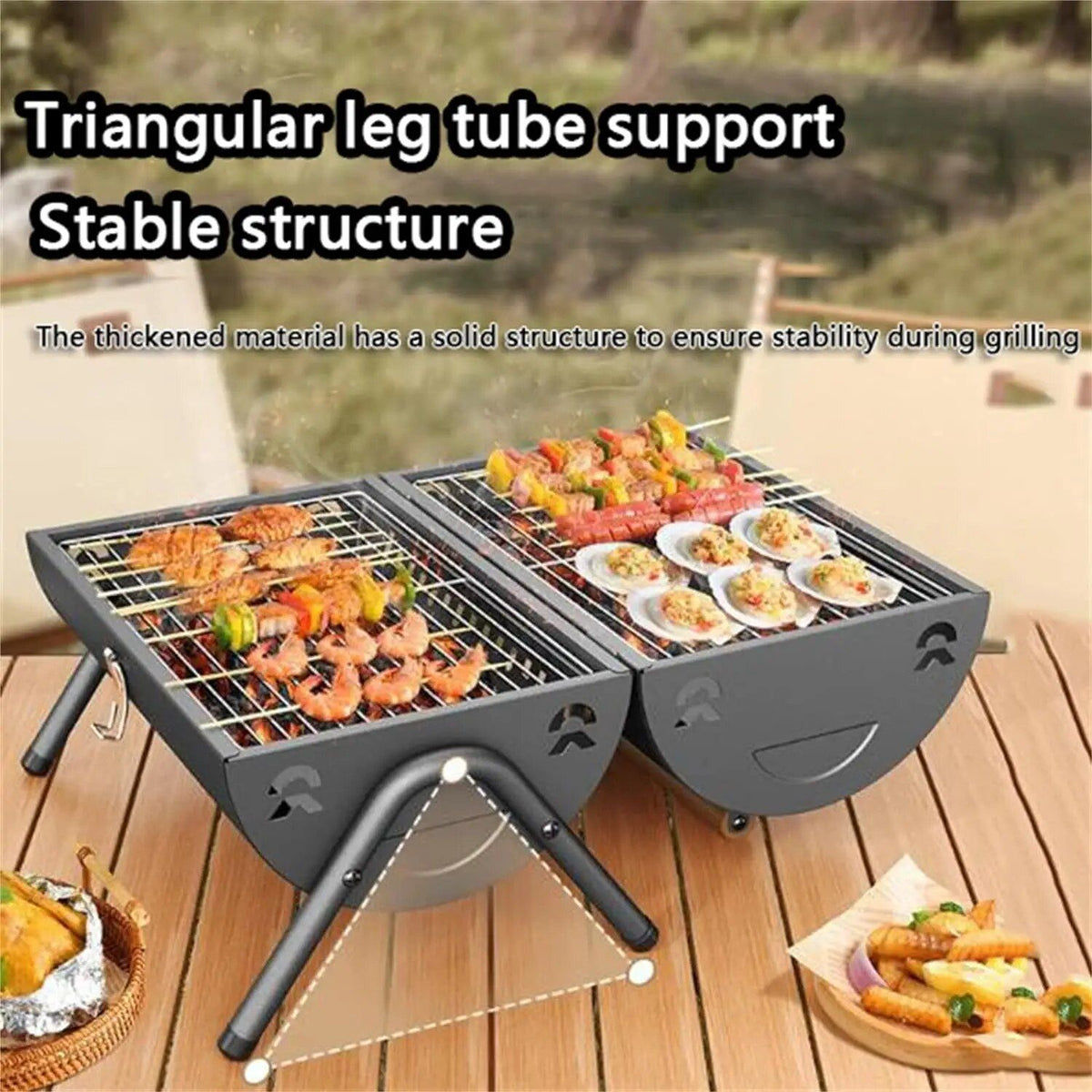 Tragbarer Holzkohlegrill mit zwei Kochflächen – Rauchfreier, leicht zu transportierender Grill für Outdoor-Abenteuer