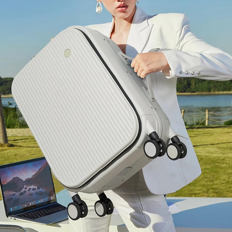 Carry On Suitcase with Aluminum Frame & Front Laptop Pocket, TSA Lock, Spinner Wheels