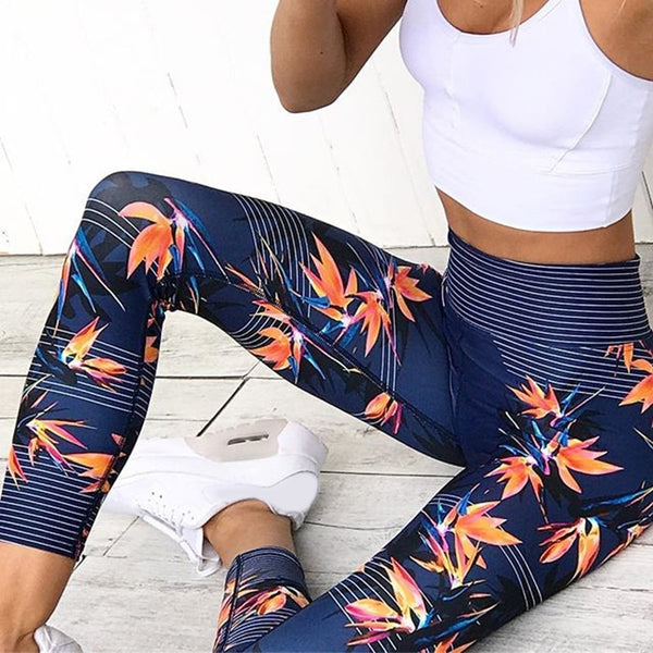 Women's High Waist Leggings with Floral Print - Blue Force Sports