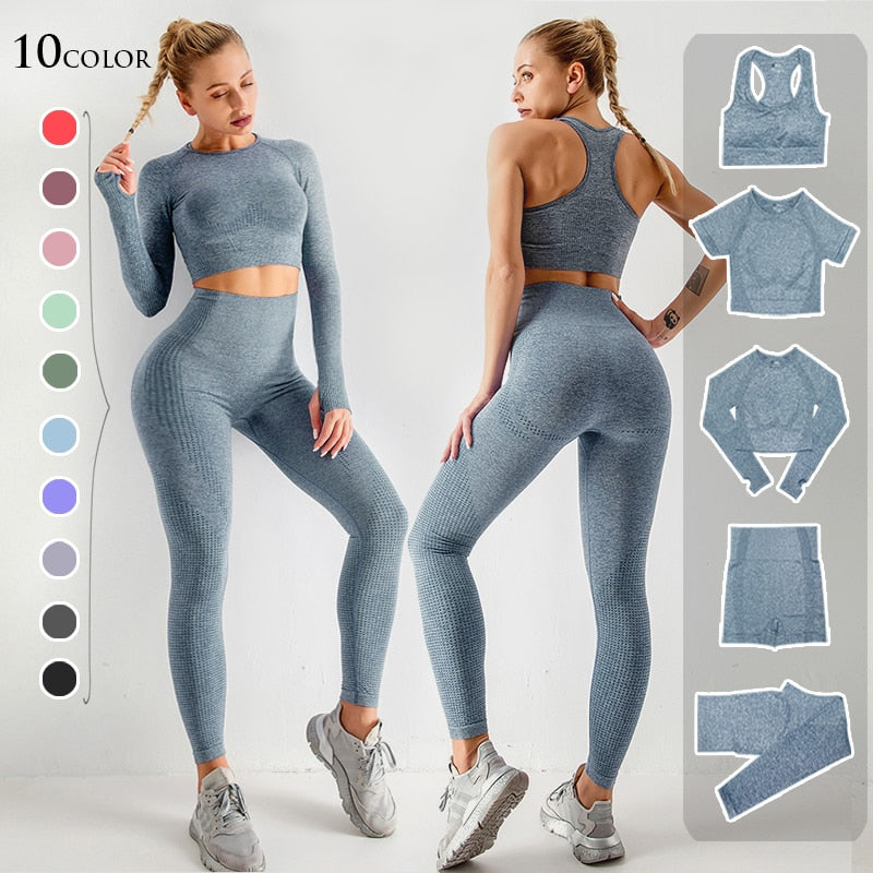 Women's Seamless Gym Leggings, Top, Longsleeve and Shorts Set - Blue Force Sports