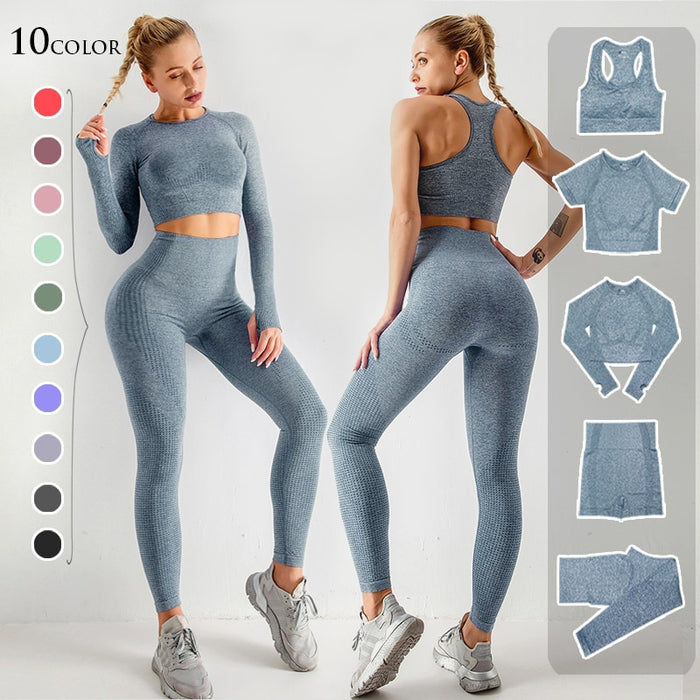 Women's Seamless Gym Leggings, Top, Longsleeve and Shorts Set - Blue Force Sports