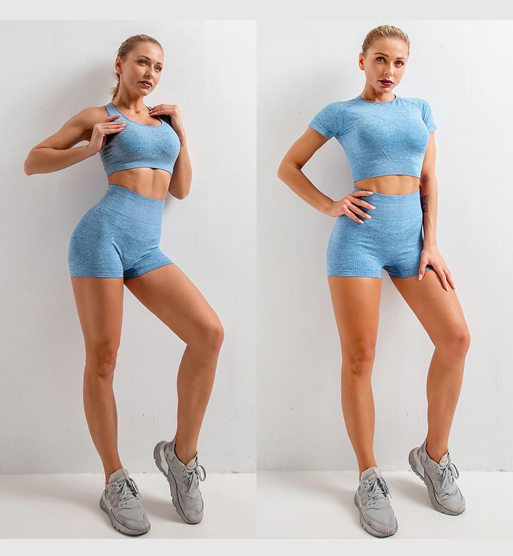 Women's Seamless Gym Leggings, Top, Longsleeve and Shorts Set - Blue Force Sports