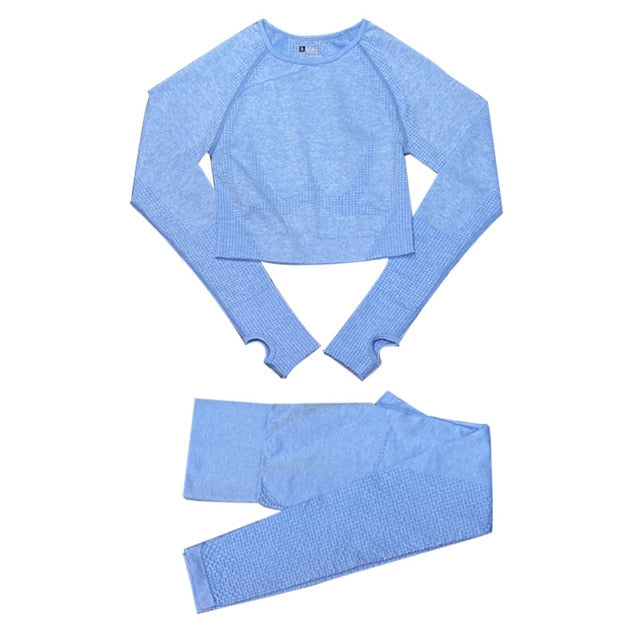 Women's Seamless Gym Leggings, Top, Longsleeve and Shorts Set - Blue Force Sports