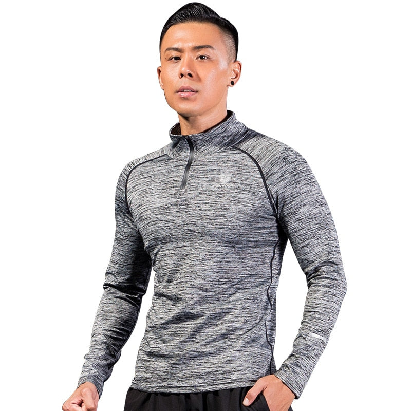 Men Long Sleeve Sports T-Shirt with Zipper - Blue Force Sports
