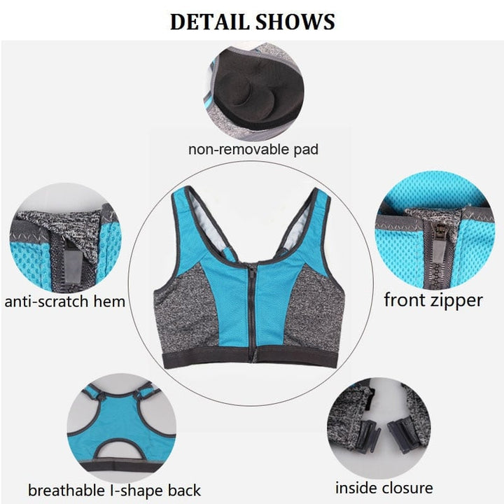 Women's Sexy Push Up Sports Bra with Front Zipper - Blue Force Sports