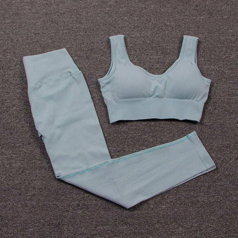 Women's Solid Color Sports Leggings and Bra Set - Blue Force Sports