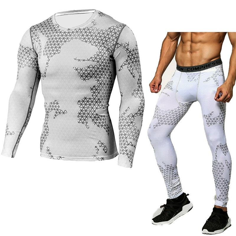 Men's Bodybuilding Compression Tights & Shirt With Long Sleeves - Blue Force Sports
