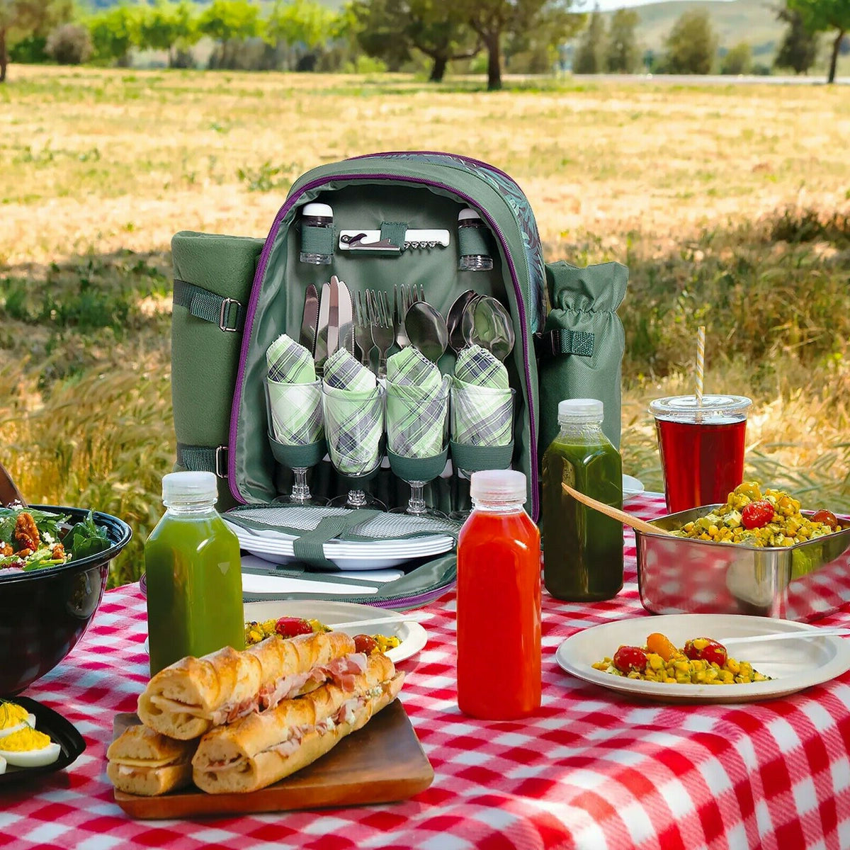 Picnic Backpack Set With Cutlery Kit Cooler Compartment Blanket For 4 Persons - Blue Force Sports