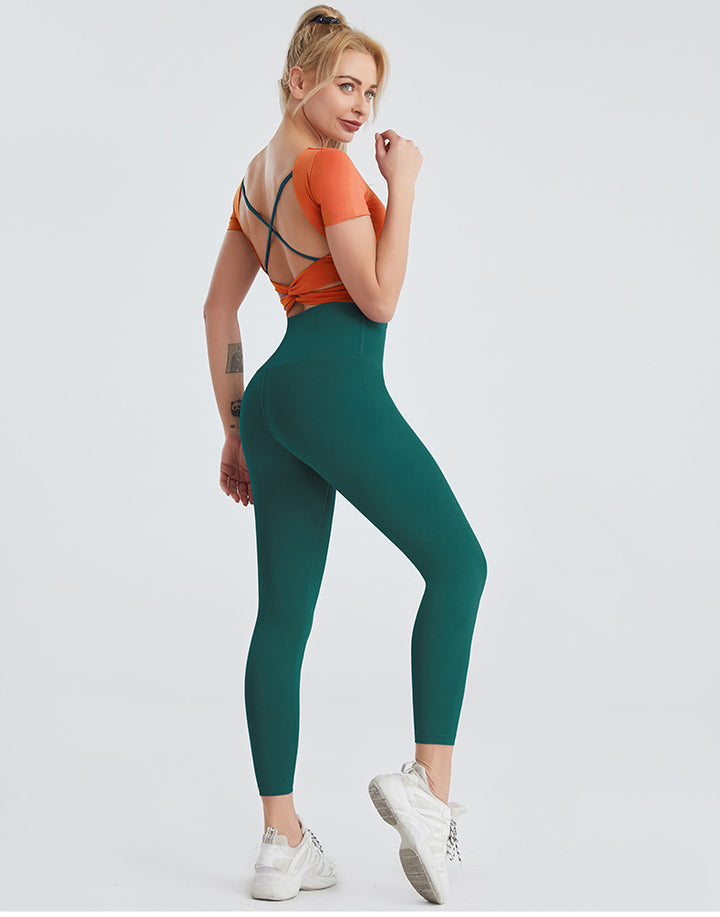 Yoga Wear Women's Nude Sexy Beauty Back Fitness Top High-waist Hip-hip Leggings Two-piece Suit - Blue Force Sports