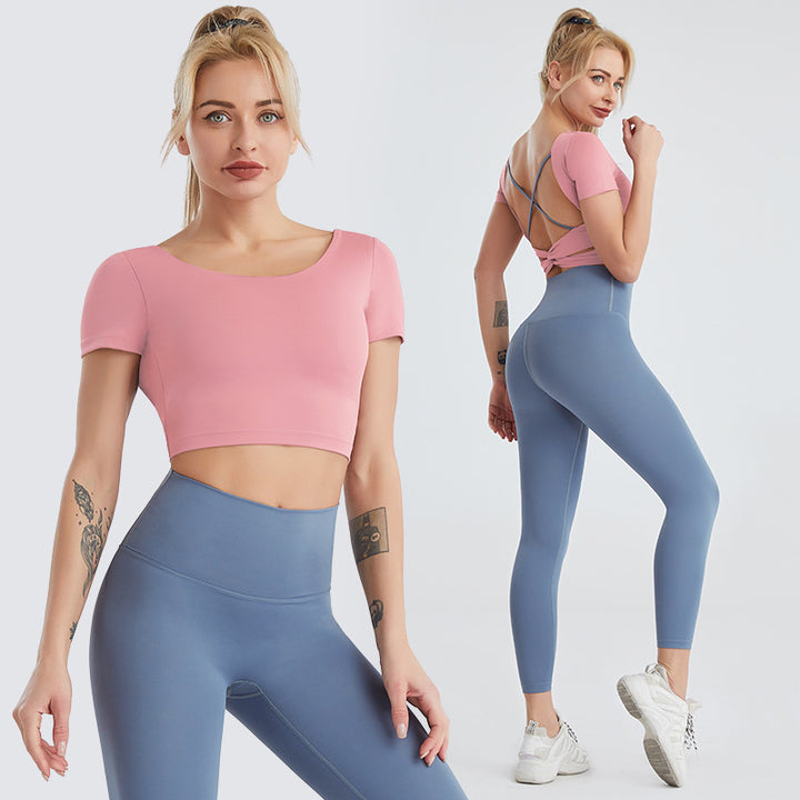 Yoga Wear Women's Nude Sexy Beauty Back Fitness Top High-waist Hip-hip Leggings Two-piece Suit - Blue Force Sports