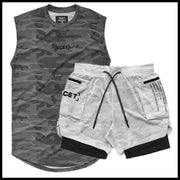 Sports Leisure Suit Muscle Fitness Training Double Layer Shorts Combination Mesh Breathable Vest - Blue Force Sports