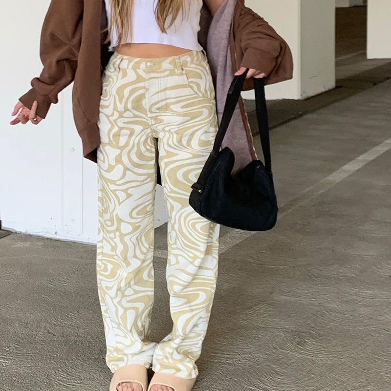 Cross Border AliExpress Spring And Summer New Female Blue Animal Pattern Loose Street Casual Straight Woven Pants - Blue Force Sports