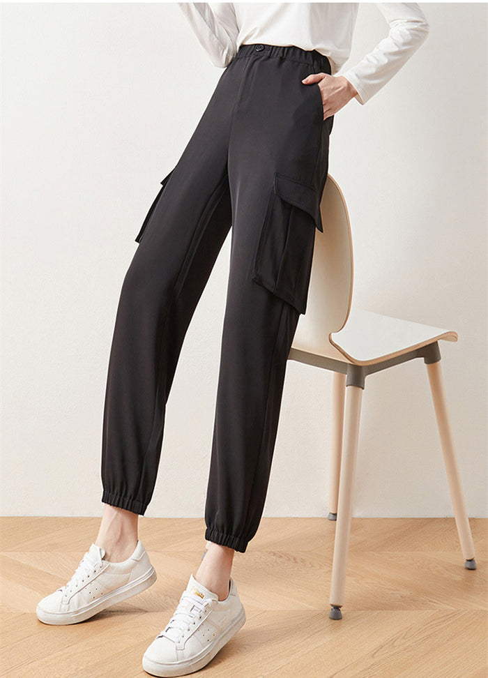 Cargo Pants Elastic High Waist Cropped Trousers Casual Pants - Blue Force Sports