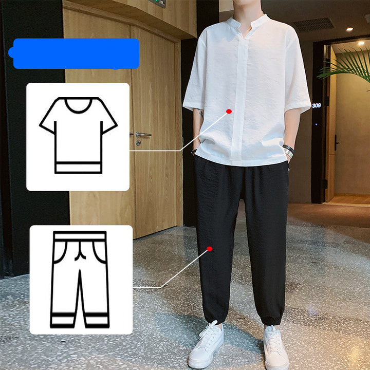 Ice Silk Short-Sleeved T-Shirt Men'S Summer Trend Set With Handsome Clothes Men'S Casual Linen Suit - Blue Force Sports