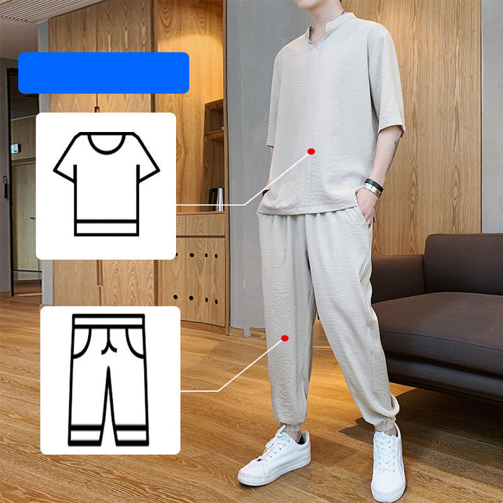 Ice Silk Short-Sleeved T-Shirt Men'S Summer Trend Set With Handsome Clothes Men'S Casual Linen Suit - Blue Force Sports