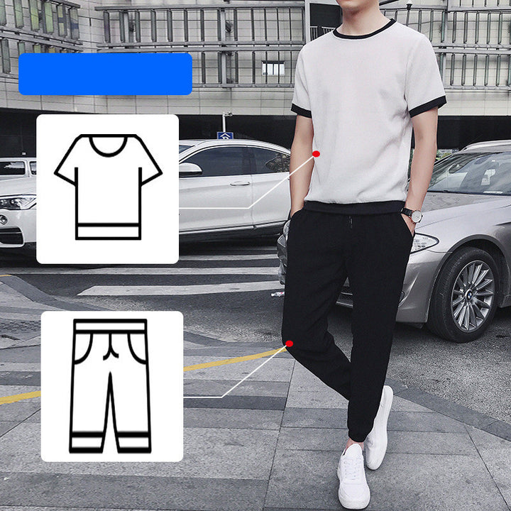 Ice Silk Short-Sleeved T-Shirt Men'S Summer Trend Set With Handsome Clothes Men'S Casual Linen Suit - Blue Force Sports