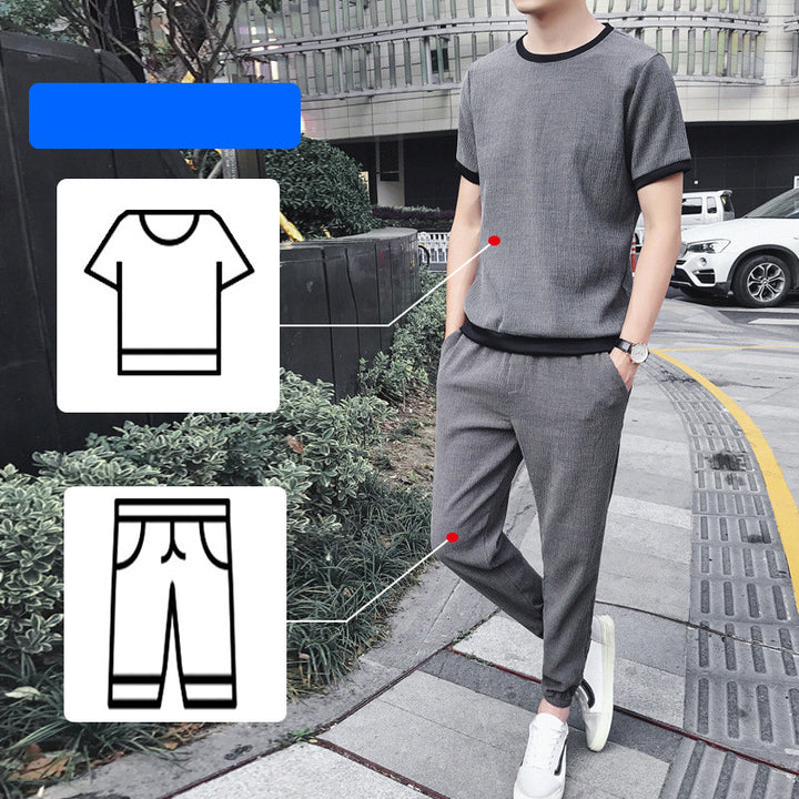 Ice Silk Short-Sleeved T-Shirt Men'S Summer Trend Set With Handsome Clothes Men'S Casual Linen Suit - Blue Force Sports