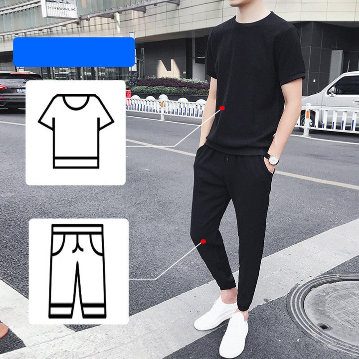 Ice Silk Short-Sleeved T-Shirt Men'S Summer Trend Set With Handsome Clothes Men'S Casual Linen Suit - Blue Force Sports