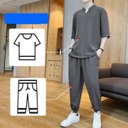 Ice Silk Short-Sleeved T-Shirt Men'S Summer Trend Set With Handsome Clothes Men'S Casual Linen Suit - Blue Force Sports