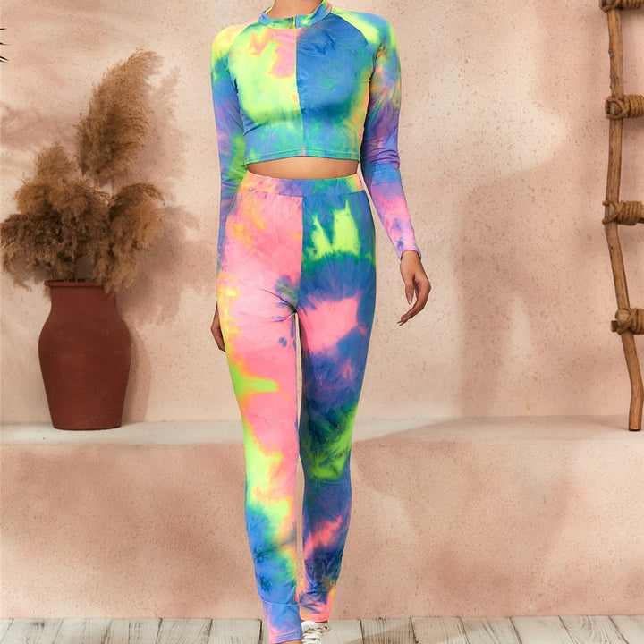 New Style European And American Women's Fashion Tie-Dye Printing Casual Long-Sleeved Trouser Suit 13281 - Blue Force Sports
