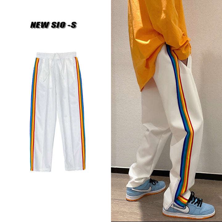 Spring Daily Casual Sports Pants Men And Women Side Zipper Rainbow Striped Long Pants - Blue Force Sports
