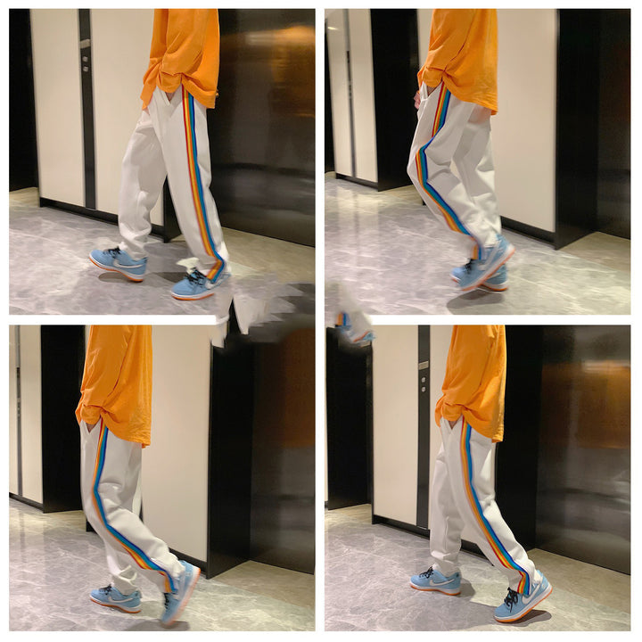 Spring Daily Casual Sports Pants Men And Women Side Zipper Rainbow Striped Long Pants - Blue Force Sports