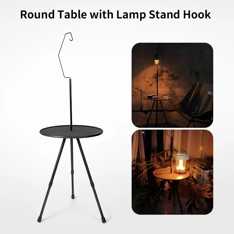 Mesa de camping redonda, ajustable, ultraligera y portátil con soporte de luz