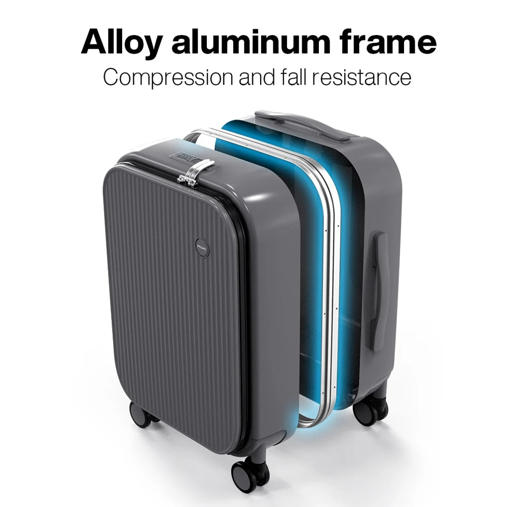Carry On Suitcase with Aluminum Frame & Front Laptop Pocket, TSA Lock, Spinner Wheels
