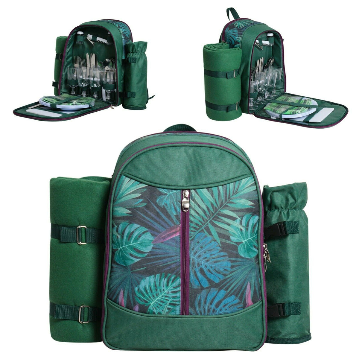 Picnic Backpack Set With Cutlery Kit Cooler Compartment Blanket For 4 Persons - Blue Force Sports