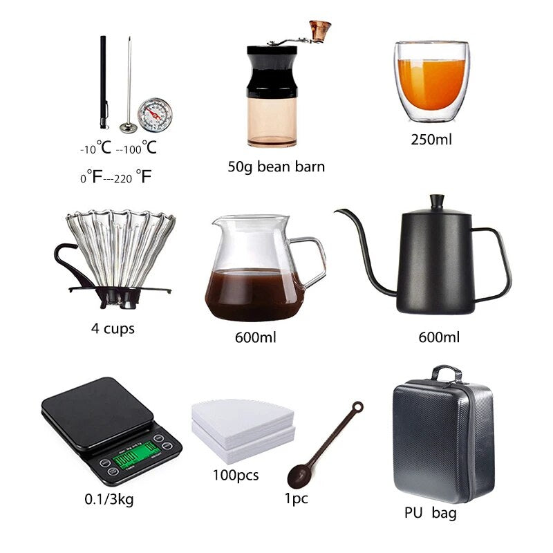 10-teiliges Premium Reisekaffeeset: Handmühle, Tassen &amp; Filter in PU-Tasche