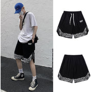 Head Cashew Flower Shorts Hip-hop Trend Loose Fake Two-piece Five-point Pants - Blue Force Sports