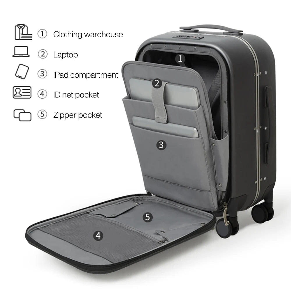 Carry On Suitcase with Aluminum Frame & Front Laptop Pocket, TSA Lock, Spinner Wheels