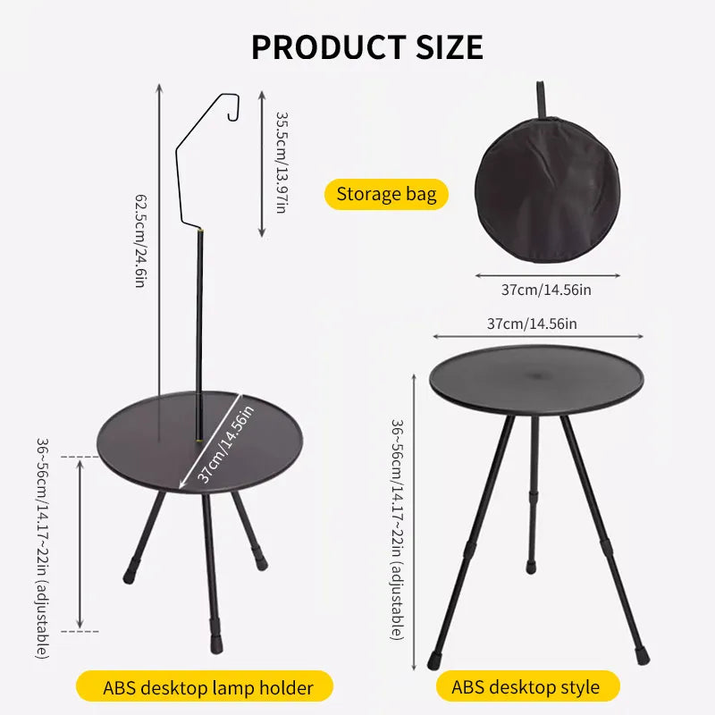Mesa de camping redonda, ajustable, ultraligera y portátil con soporte de luz