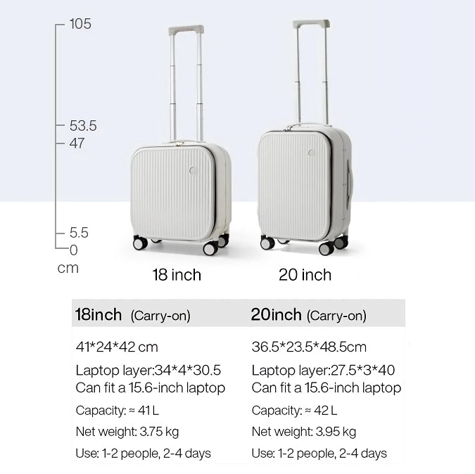 Carry On Suitcase with Aluminum Frame & Front Laptop Pocket, TSA Lock, Spinner Wheels