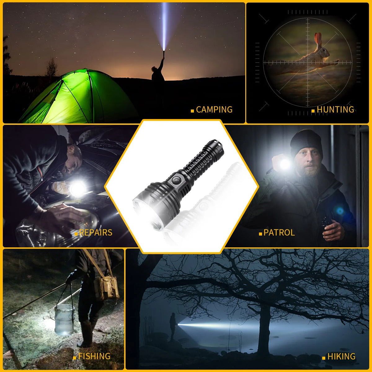 Wiederaufladbare taktische LED-Taschenlampe mit 6000 Lumen, mit Powerbank-Funktion, USB-C, große Reichweite