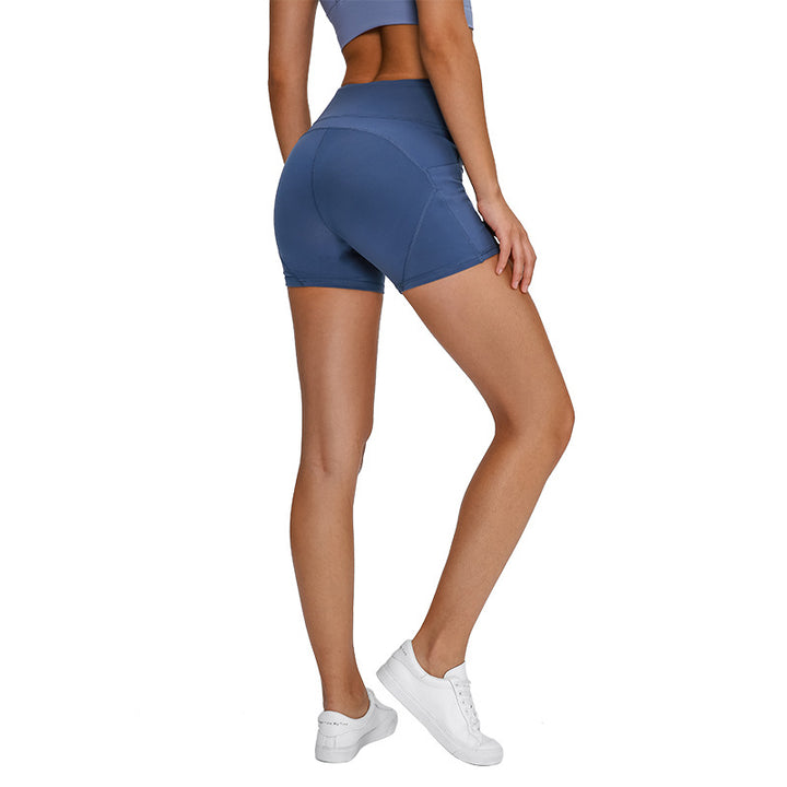 SHINBENE Anti-sweat Plain Sport Athletic Shorts Women High Waisted Soft Cotton Feel Fitness Yoga Shorts with Two Side Pocket - Blue Force Sports