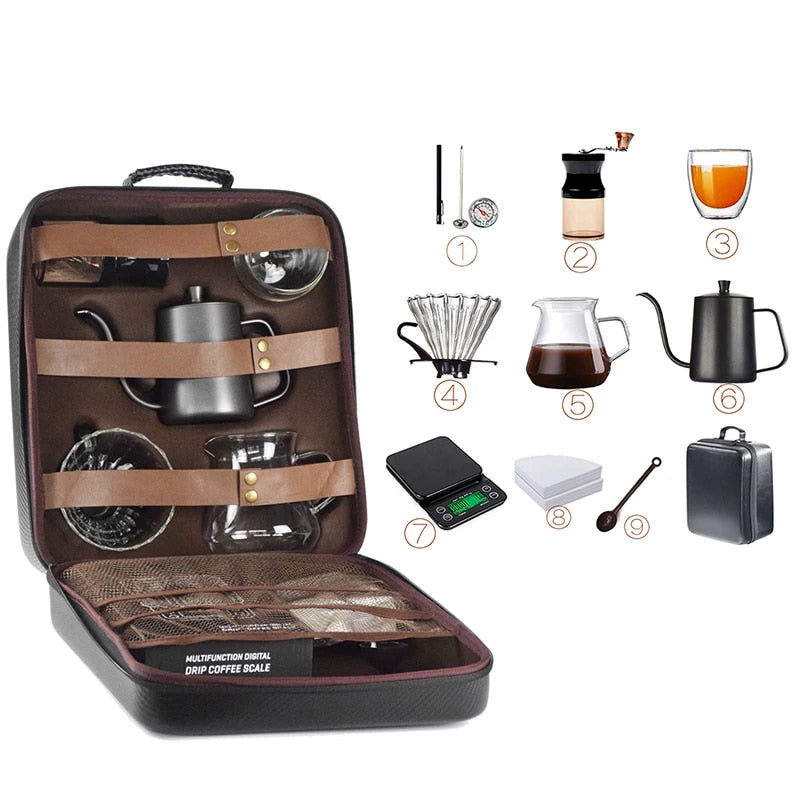 10-teiliges Premium Reisekaffeeset: Handmühle, Tassen &amp; Filter in PU-Tasche