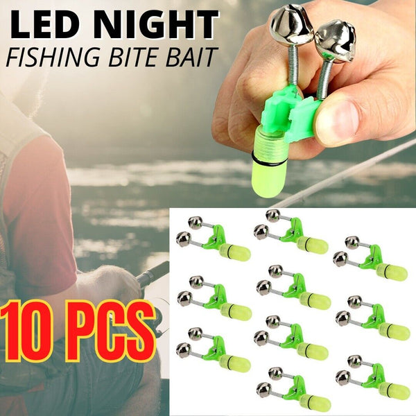 10x LED Night Fishing Bait Bite Alarm Twin 2 Bells Light Rod Tip Clip Alert Ring - Blue Force Sports
