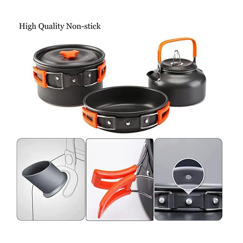 Tragbares Camping-Kochgeschirr-Set aus Aluminium – Antihaft-Kochgeschirr für den Außenbereich zum Wandern, Picknicken und Grillen